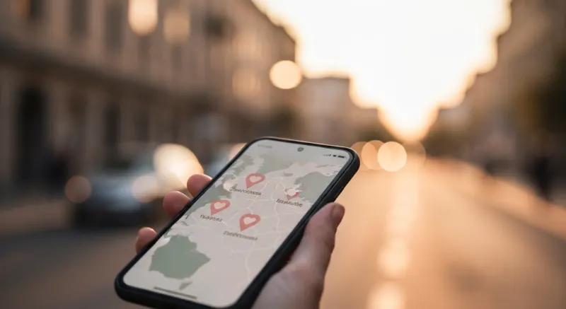 Shahar xaritasida pushti yurak shaklidagi belgilarni ko'rsatadigan smartfon — joylashuvga asoslangan tanlash